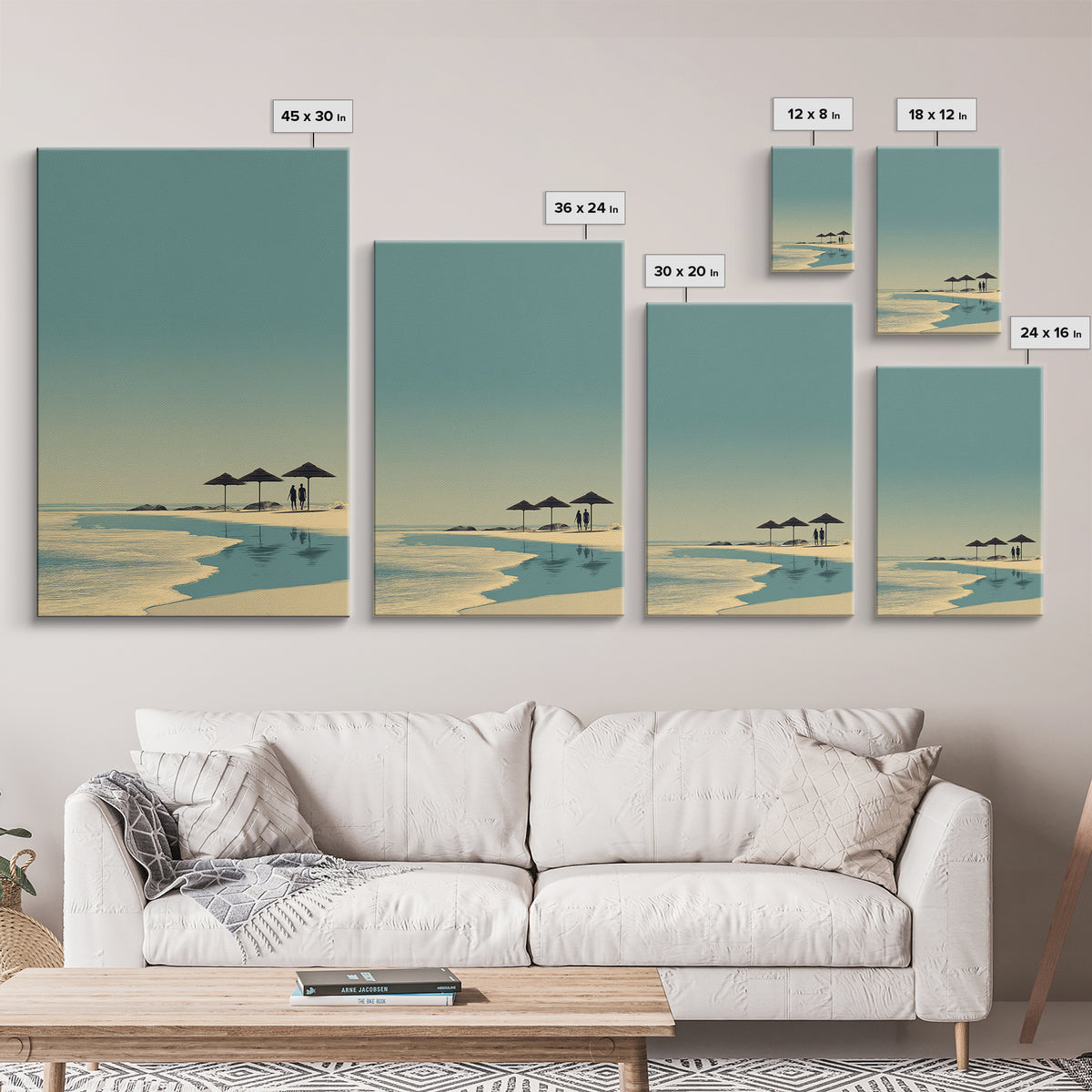 Minimal Beach Umbrellas Framed Canvas Print, Neutral Coastal Wall Art, Modern Landscape Poster, Serene Ocean Bedroom Decor