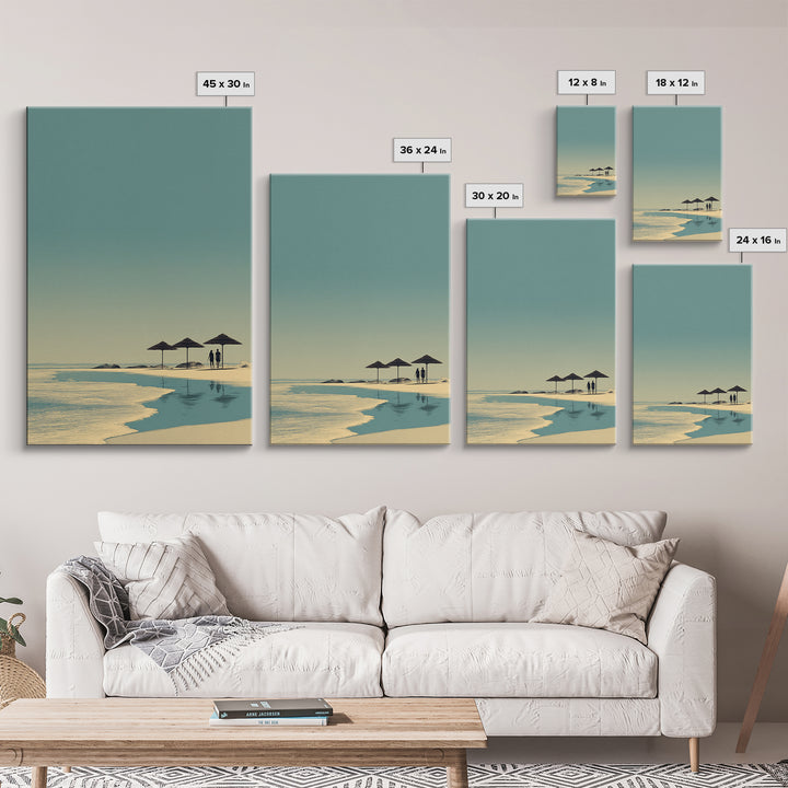 Minimal Beach Umbrellas Framed Canvas Print, Neutral Coastal Wall Art, Modern Landscape Poster, Serene Ocean Bedroom Decor