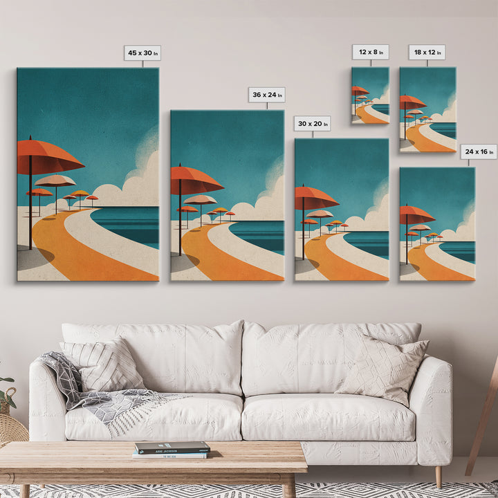 Orange Umbrella Boardwalk Canvas Print, Midcentury Modern Wall Art, Retro Beach Poster, Coastal MCM Home Decor, Palm Springs Style