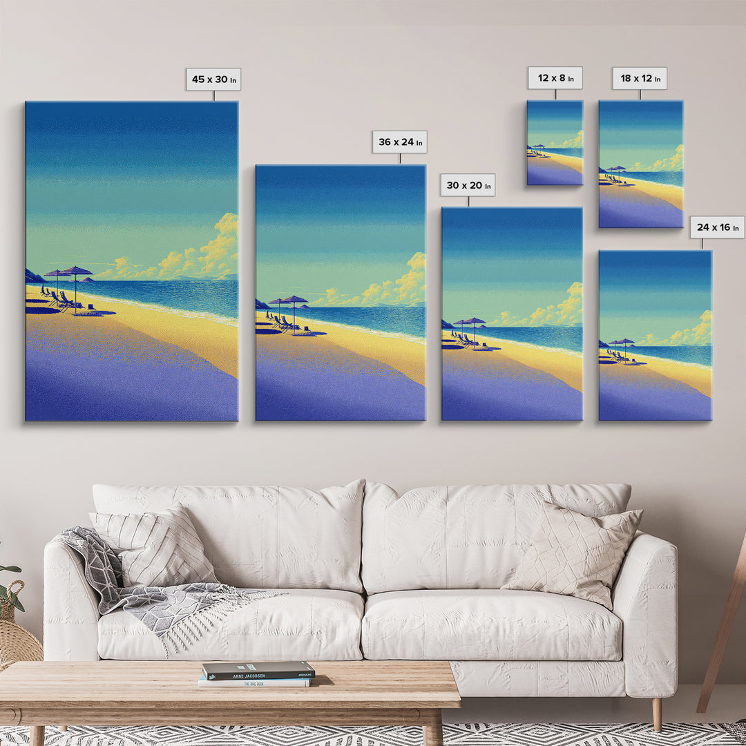 Vibrant Pixel Beach Canvas Print, Retro Travel Poster Wall Art, Coastal Modern Decor, Colorful Ocean Living Room Print Gift