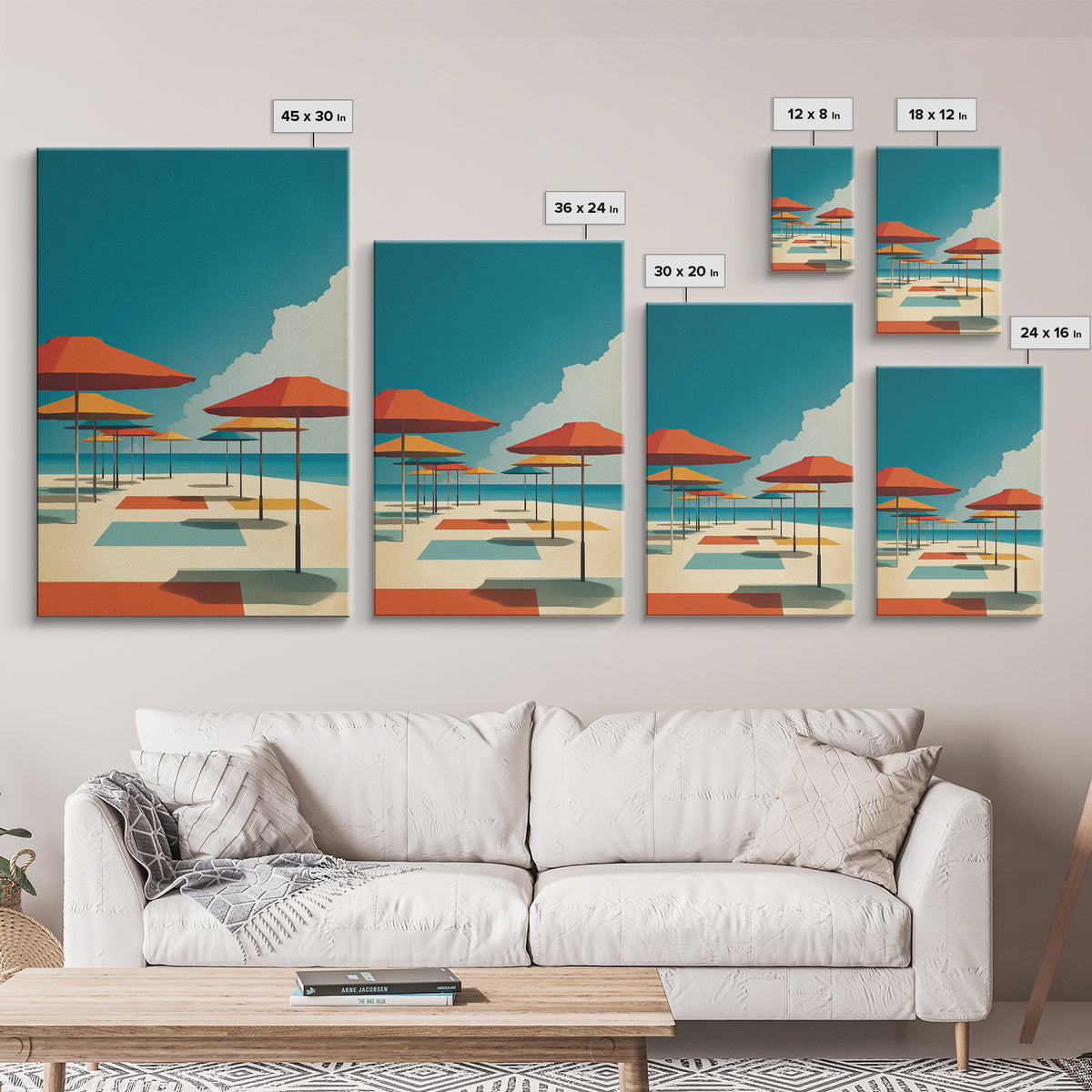 Retro Orange Beach Umbrellas Wall Art, Midcentury Modern Canvas Print, Coastal Poster, Bold MCM Living Room Home Wall Decor