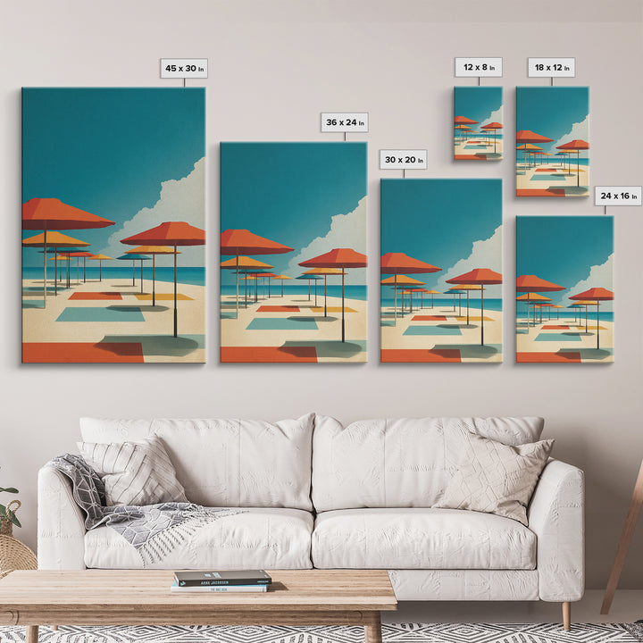 Retro Orange Beach Umbrellas Wall Art, Midcentury Modern Canvas Print, Coastal Poster, Bold MCM Living Room Home Wall Decor