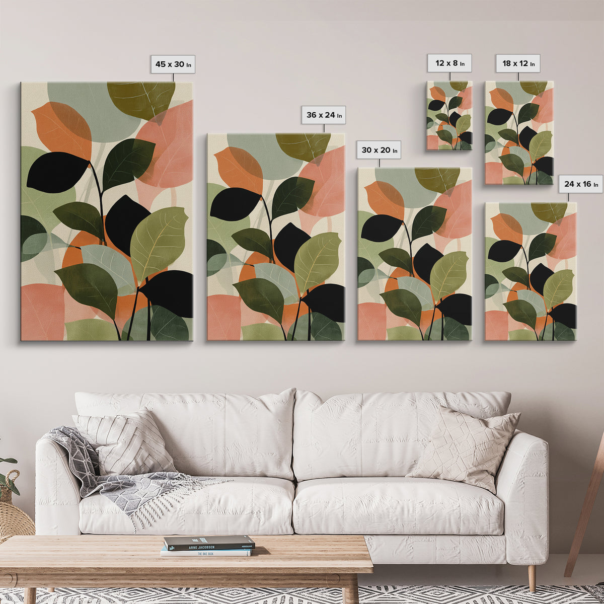 Soft Abstract Botanical Leaves Wall Art, Modern Midcentury Print, Sage Green Peach Decor, Minimalist Living Room Art Print