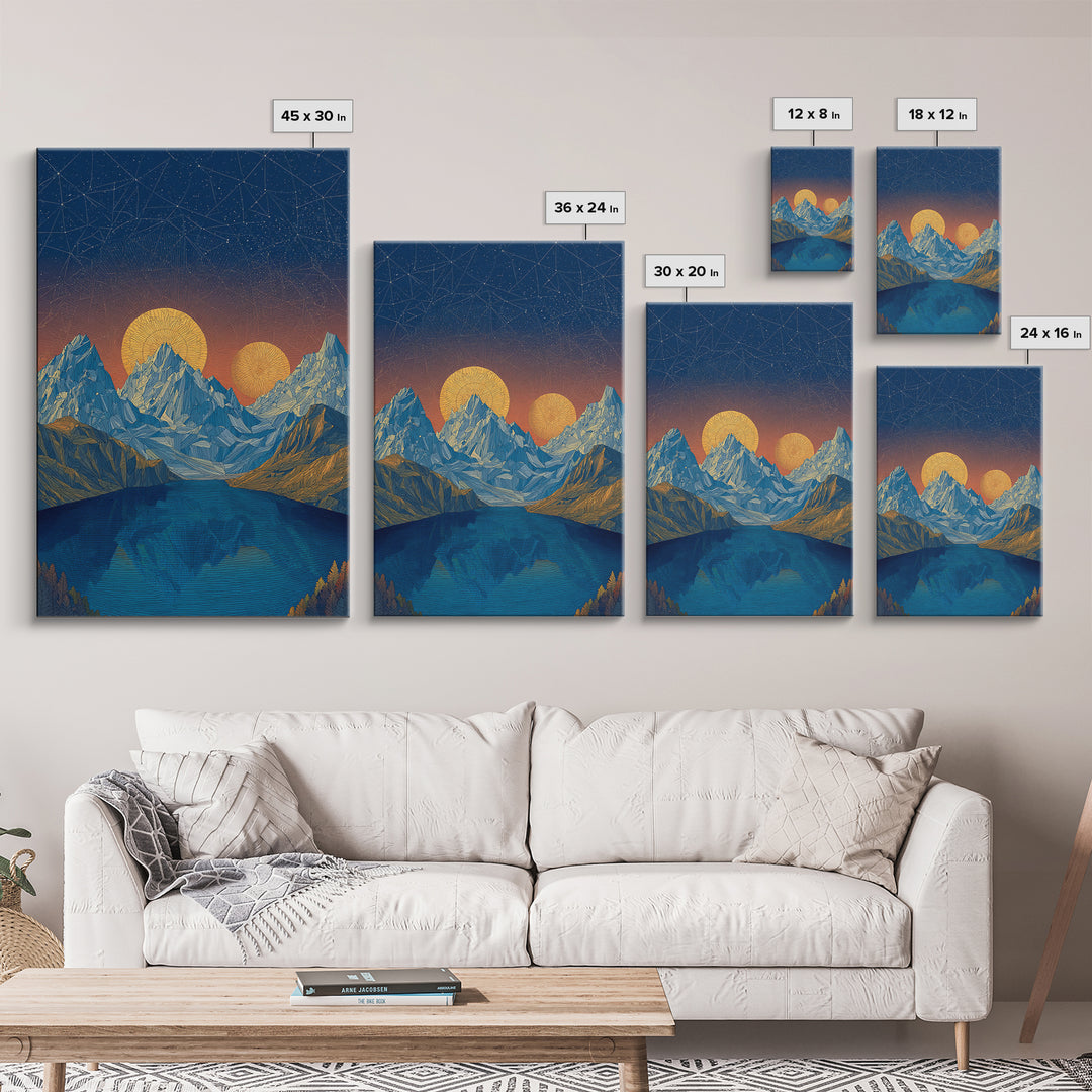 Starry Alpine Lake Framed Canvas Print, Blue Mountain Sunset Wall Art, Midcentury Modern Travel Poster For Cabin Home Decor