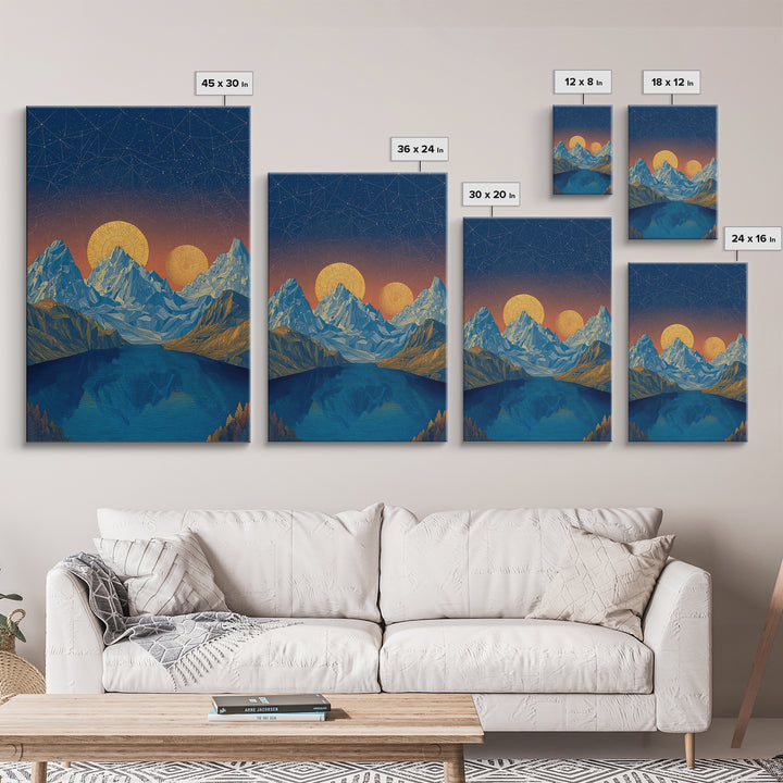 Starry Alpine Lake Framed Canvas Print, Blue Mountain Sunset Wall Art, Midcentury Modern Travel Poster For Cabin Home Decor