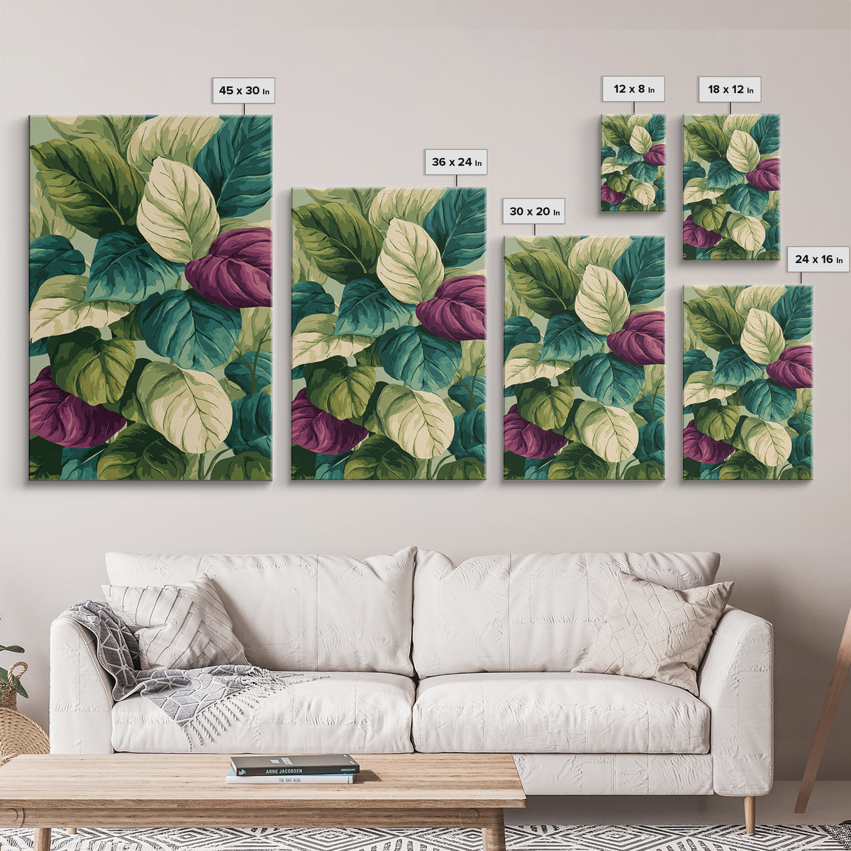 Lush Tropical Calathea Leaves Framed Canvas Print, Botanical Wall Art, Green Purple Nature Decor, Modern Home Art Prints