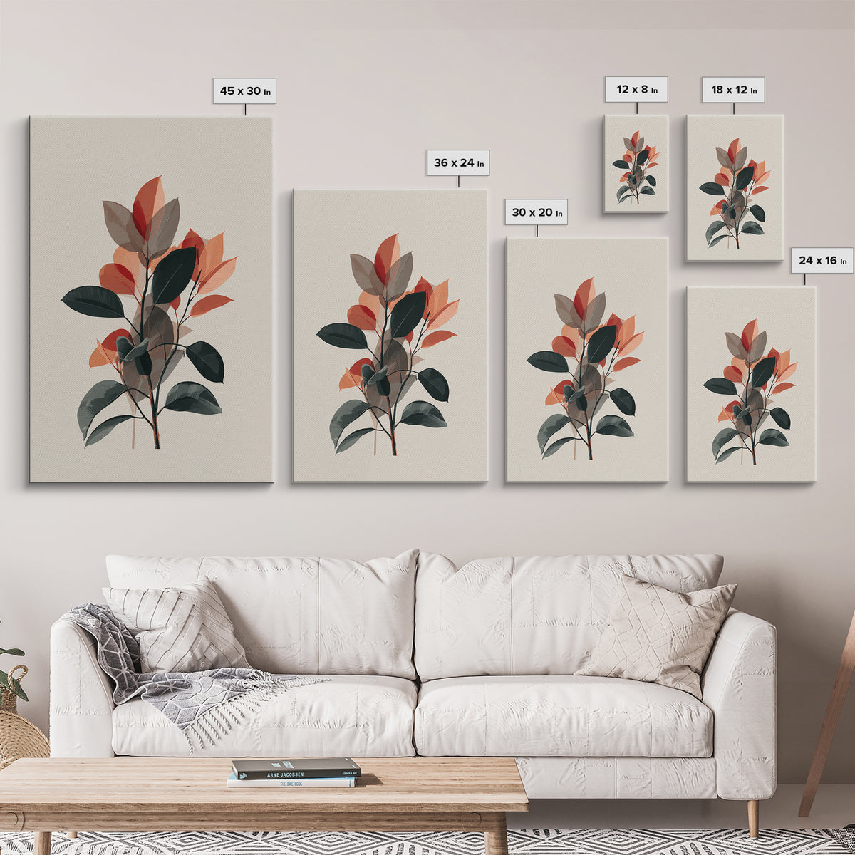 Orange Green Botanical Branch Wall Art, Midcentury Modern Leaf Print, Retro Nature Decor, Living Room Artwork, MCM Home Decor