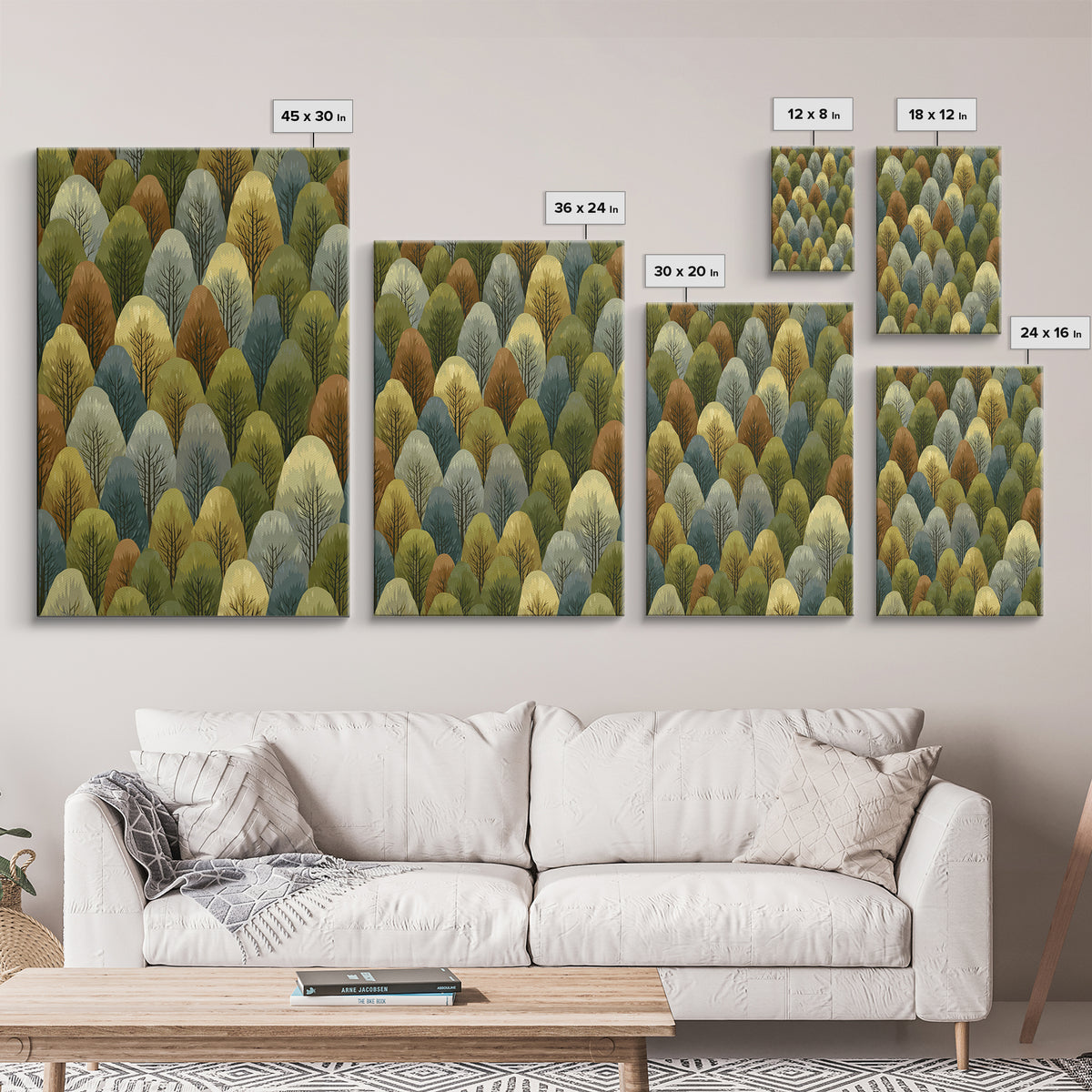 Layered Olive Forest Canopy Wall Art, Midcentury Tree Pattern Print, Nature Landscape Decor, Green Modern Wall Decor, Living Room Art