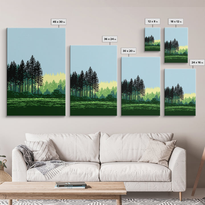 Pine Forest Silhouette Wall Art, Green Meadow Landscape Print, Scenic Nature Decor, Modern Cabin Office Wall Decor, Home Decor