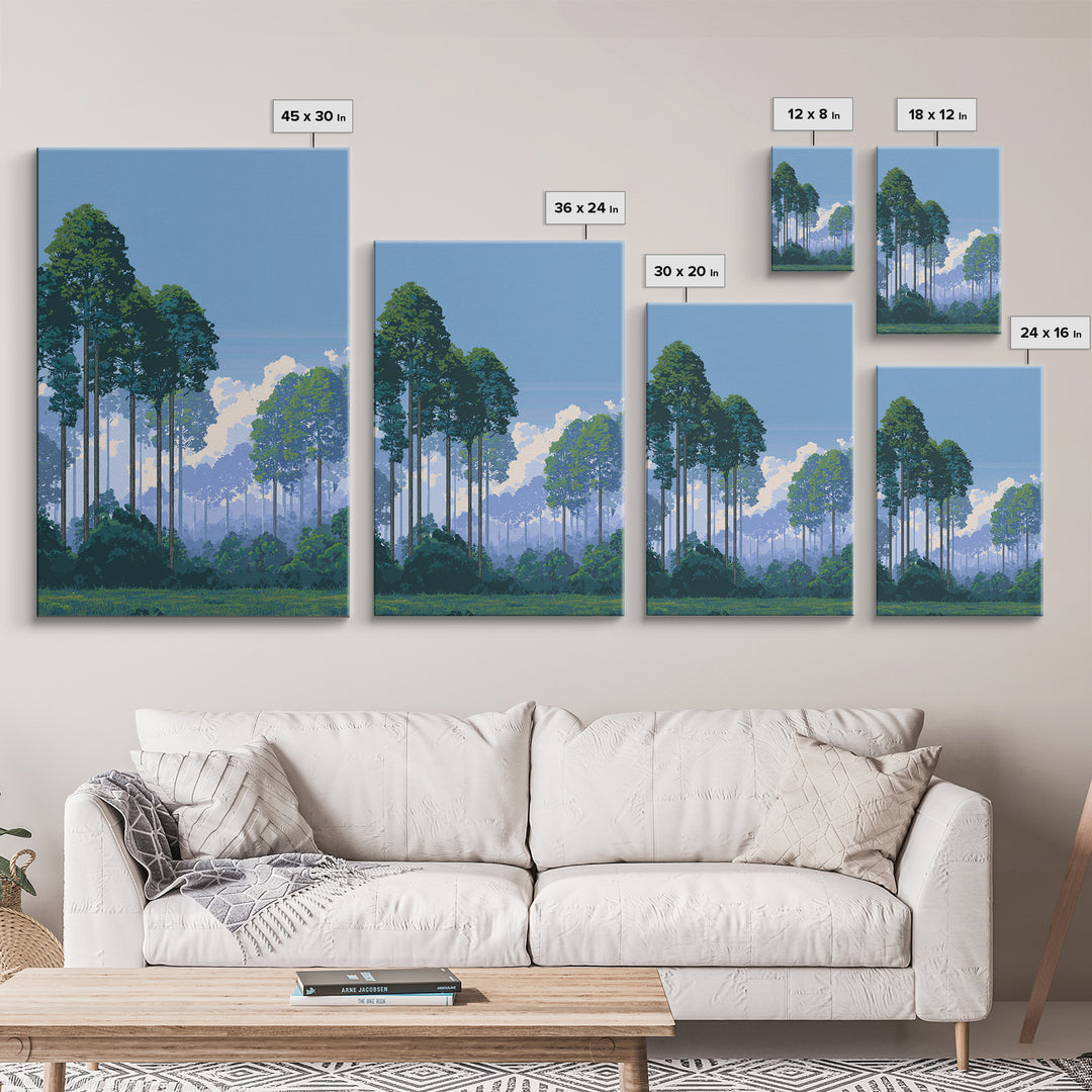 Misty Tall Pine Forest Canvas Print, Blue Sky Landscape Art, Scenic Nature Wall Decor, Modern Office Living Room Art Print