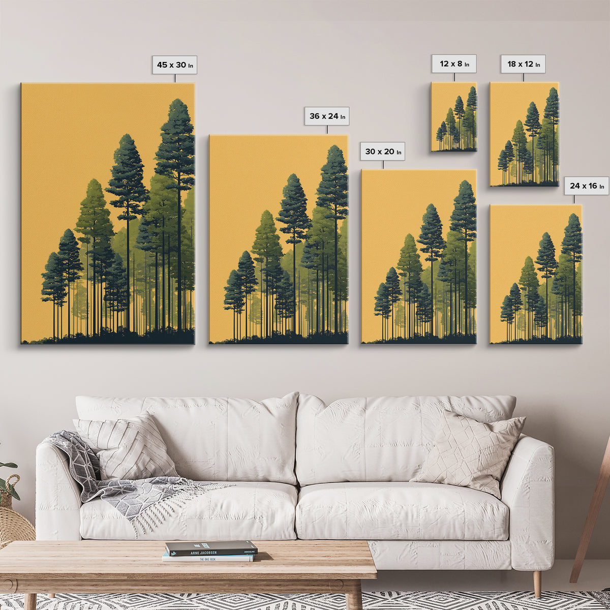 Golden Sunset Pine Forest Wall Art, Tall Evergreen Landscape Print, Scenic Nature Decor, Modern Cabin Living Room Decor Print