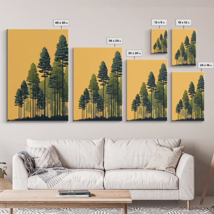 Golden Sunset Pine Forest Wall Art, Tall Evergreen Landscape Print, Scenic Nature Decor, Modern Cabin Living Room Decor Print