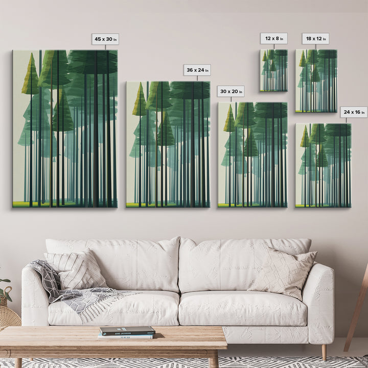 Minimalist Green Pine Grove Wall Art, Abstract Tall Tree Canvas Print, Scandinavian Nature Decor, Modern Forest Poster Art
