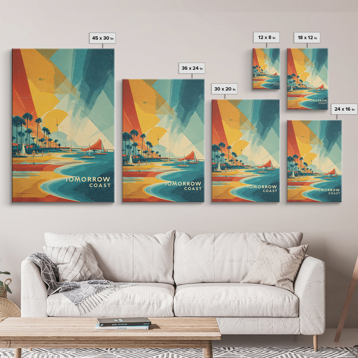 Tomorrow Coast Futuristic Beach Wall Art, Retro Travel Poster, Palm Springs Sailboat Canvas Print, Midcentury Modern Home Decor