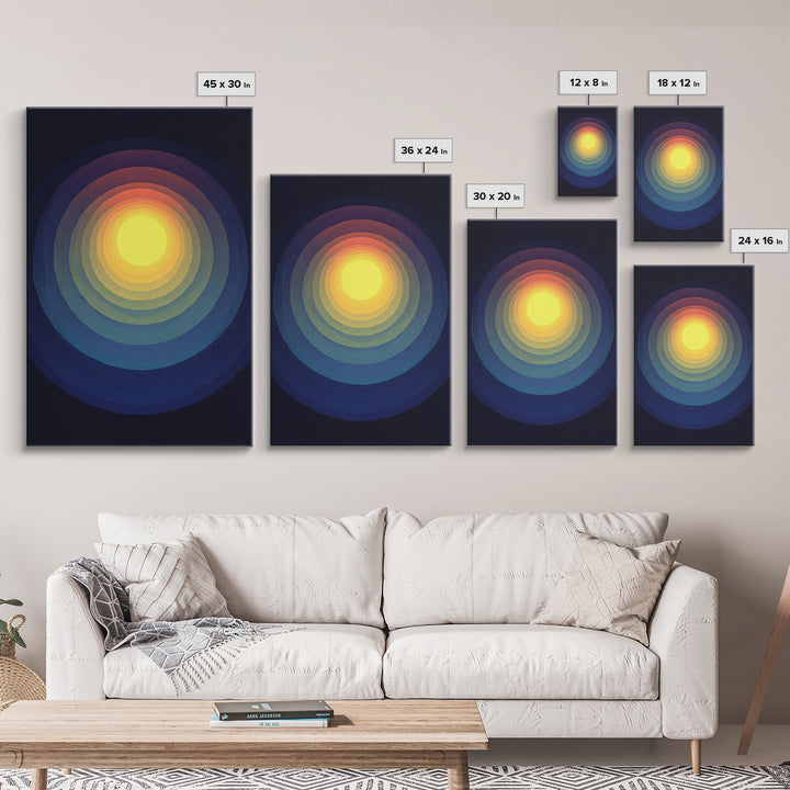 Radiant Yellow Concentric Sun Canvas Print, Midcentury Modern Art, Cosmic Abstract Wall Decor, Blue Retro Living Room Poster