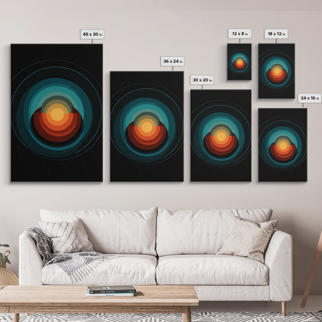 Teal Orange Eclipse Planet Framed Canvas Print, Midcentury Modern Wall Art, Space Abstract Poster, Retro MCM Home Decor Art