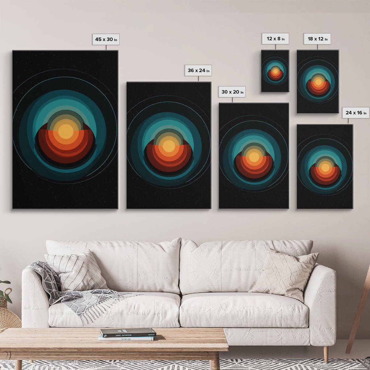 Teal Orange Eclipse Planet Framed Canvas Print, Midcentury Modern Wall Art, Space Abstract Poster, Retro MCM Home Decor Art