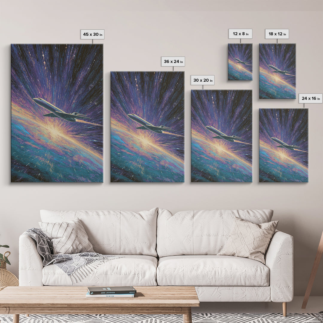 Cosmic Airplane Warp Speed Wall Art, Retro Sci Fi Travel Poster, Modern Art Print, Colorful Space Abstract Office Decor Art