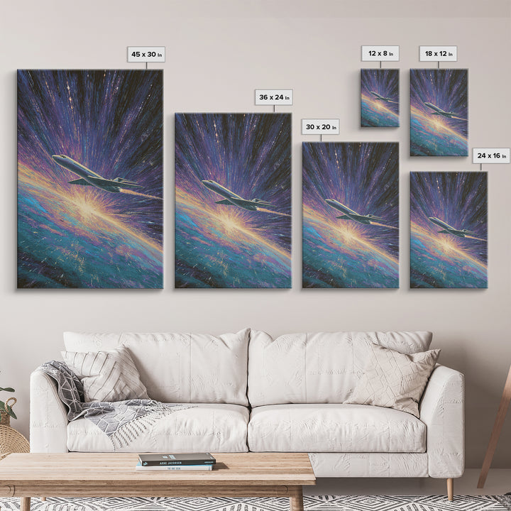 Cosmic Airplane Warp Speed Wall Art, Retro Sci Fi Travel Poster, Modern Art Print, Colorful Space Abstract Office Decor Art