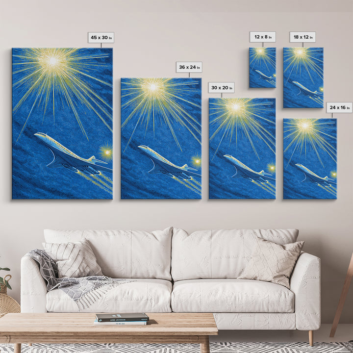 Blue Jet Under Radiant Starburst Framed Canvas Print, Retro Travel Poster, Midcentury Modern Wall Art, Aviation Office Decor