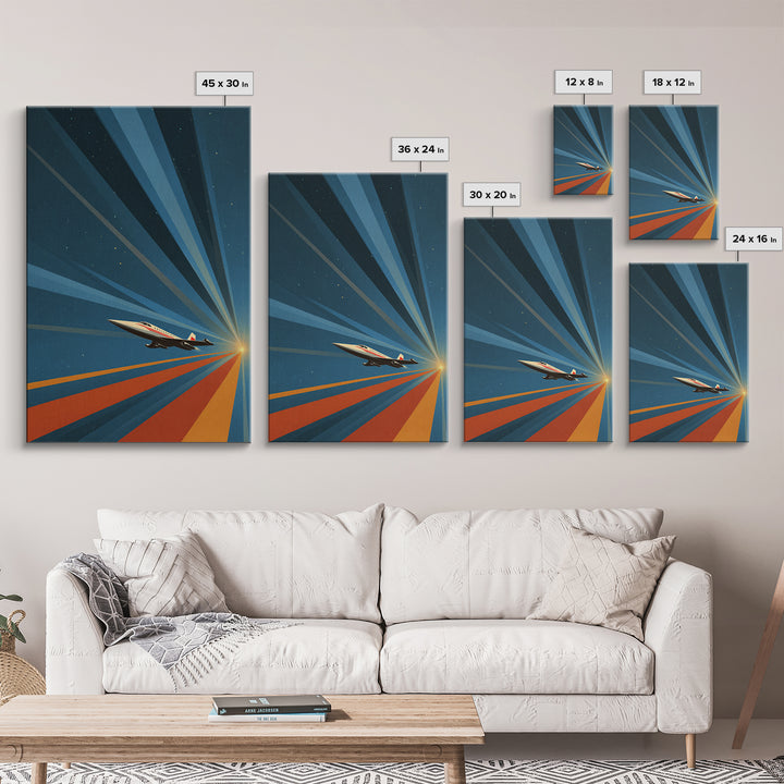 Retro Jet Plane Racing To Sunrise Canvas Print, Midcentury Modern Wall Art, Atomic Space Poster, Aviation Office Decor Gift