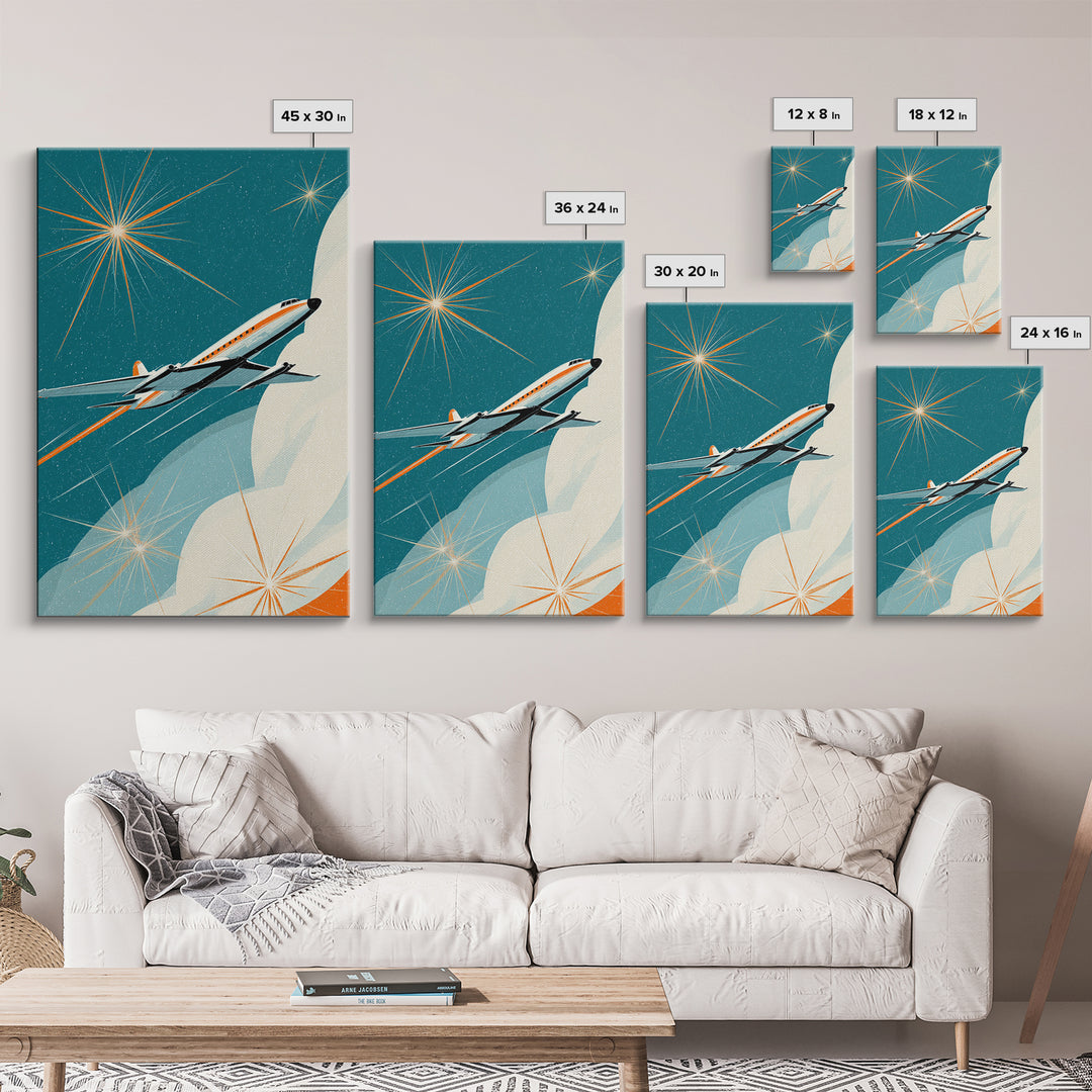 Sleek Retro Jet Over Moon Wall Art, Midcentury Modern Art Print, Atomic Space Poster, Aviation Office Decor Gift For Living Room