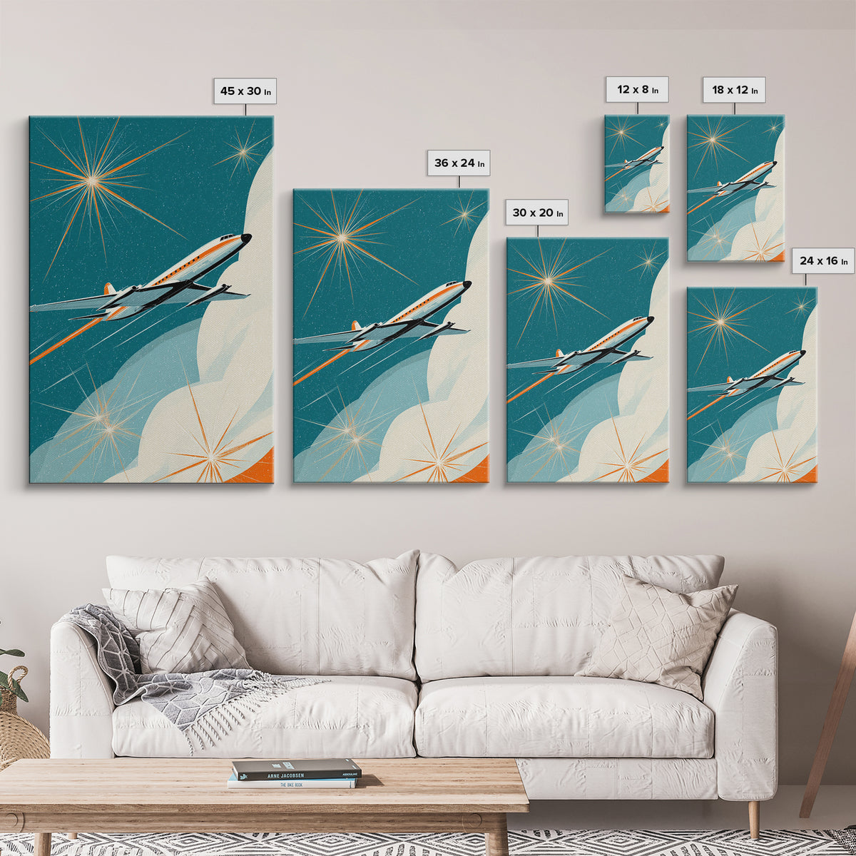 Sleek Retro Jet Over Moon Wall Art, Midcentury Modern Art Print, Atomic Space Poster, Aviation Office Decor Gift For Living Room
