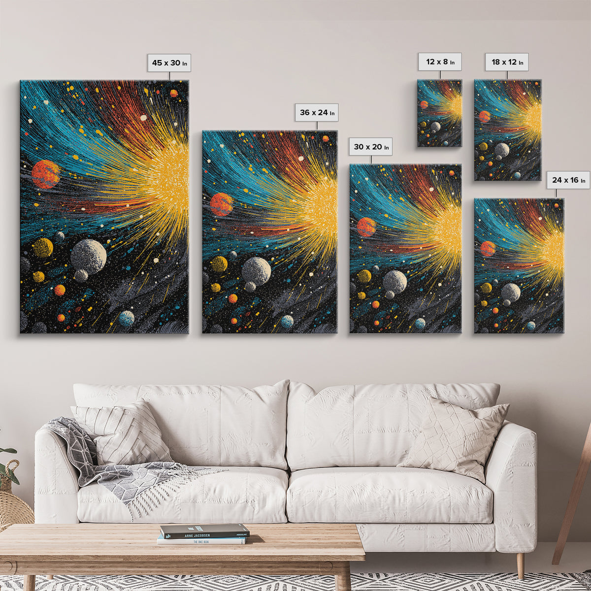 Exploding Solar System With Colorful Planets Framed Canvas Print, Midcentury Modern Wall Art, Retro Space Decor Poster Gift