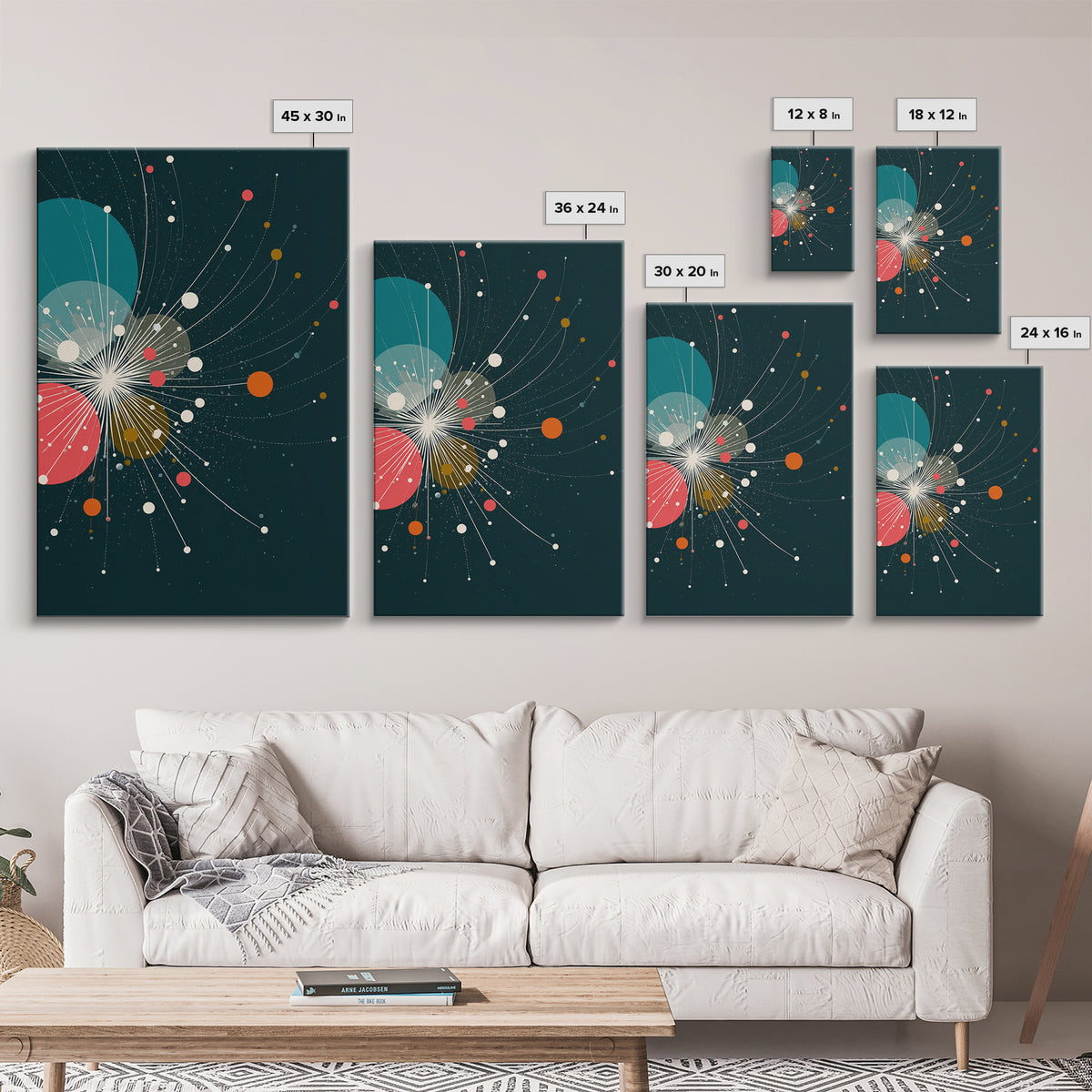 Abstract White Starburst With Floating Orbs Wall Art, Midcentury Modern Abstract Art Print, Teal Retro Space Office Decor