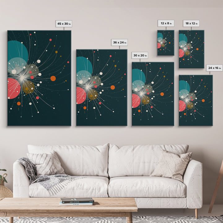 Abstract White Starburst With Floating Orbs Wall Art, Midcentury Modern Abstract Art Print, Teal Retro Space Office Decor