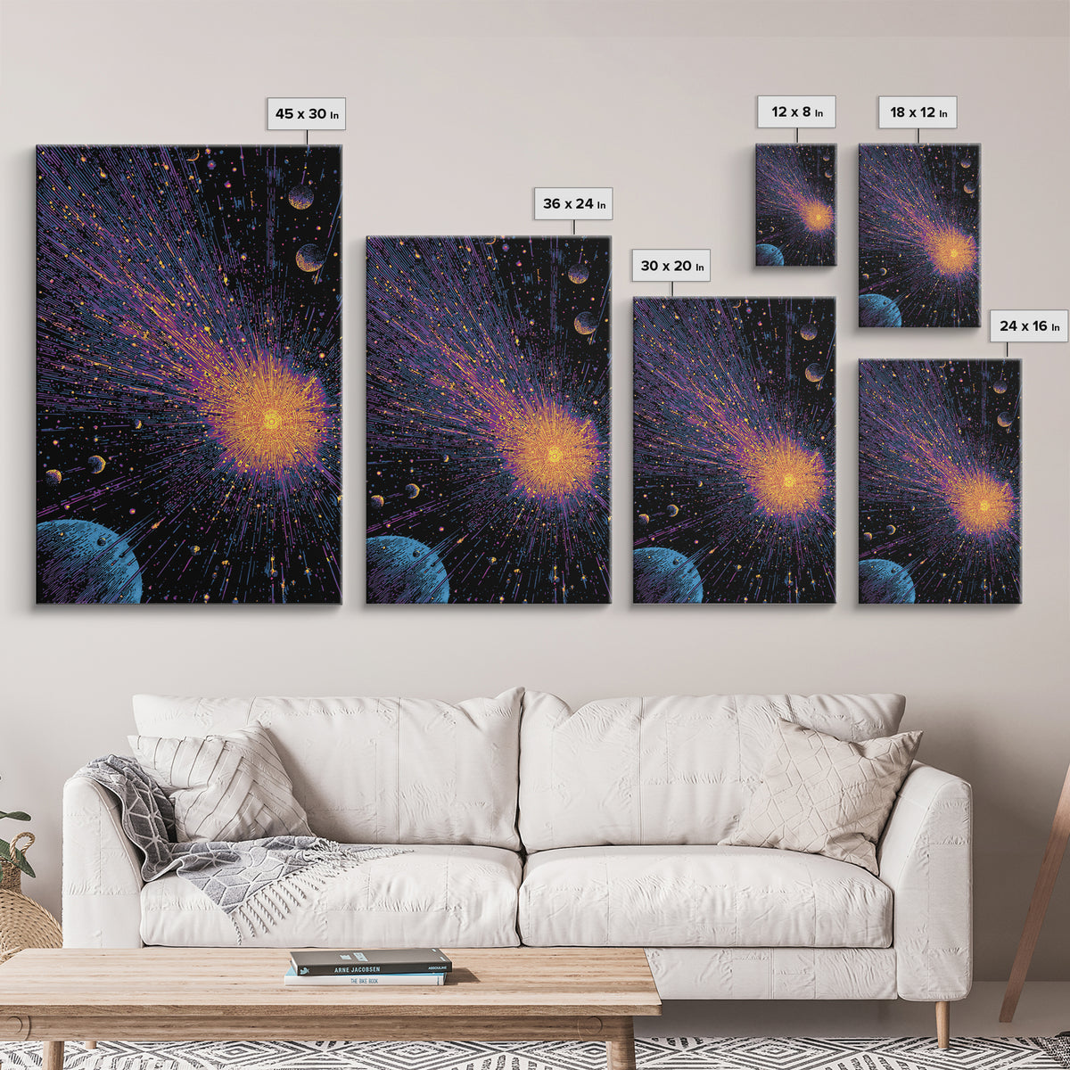 Brilliant Space Explosion With Orbiting Planets Canvas Print, Midcentury Modern Wall Art, Retro Sci Fi Poster For Office Decor