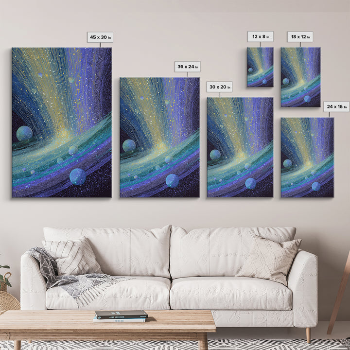 Surreal Ringed Planet With Blue Light Trails Framed Canvas Print, Midcentury Modern Wall Art, Cosmic Retro Space Decor Gift
