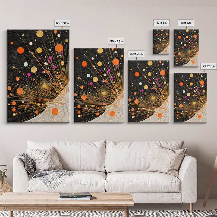 Orange Planet Burst On Black Canvas Print, Midcentury Modern Wall Art, Atomic Retro Space Poster, Geometric Office Decor