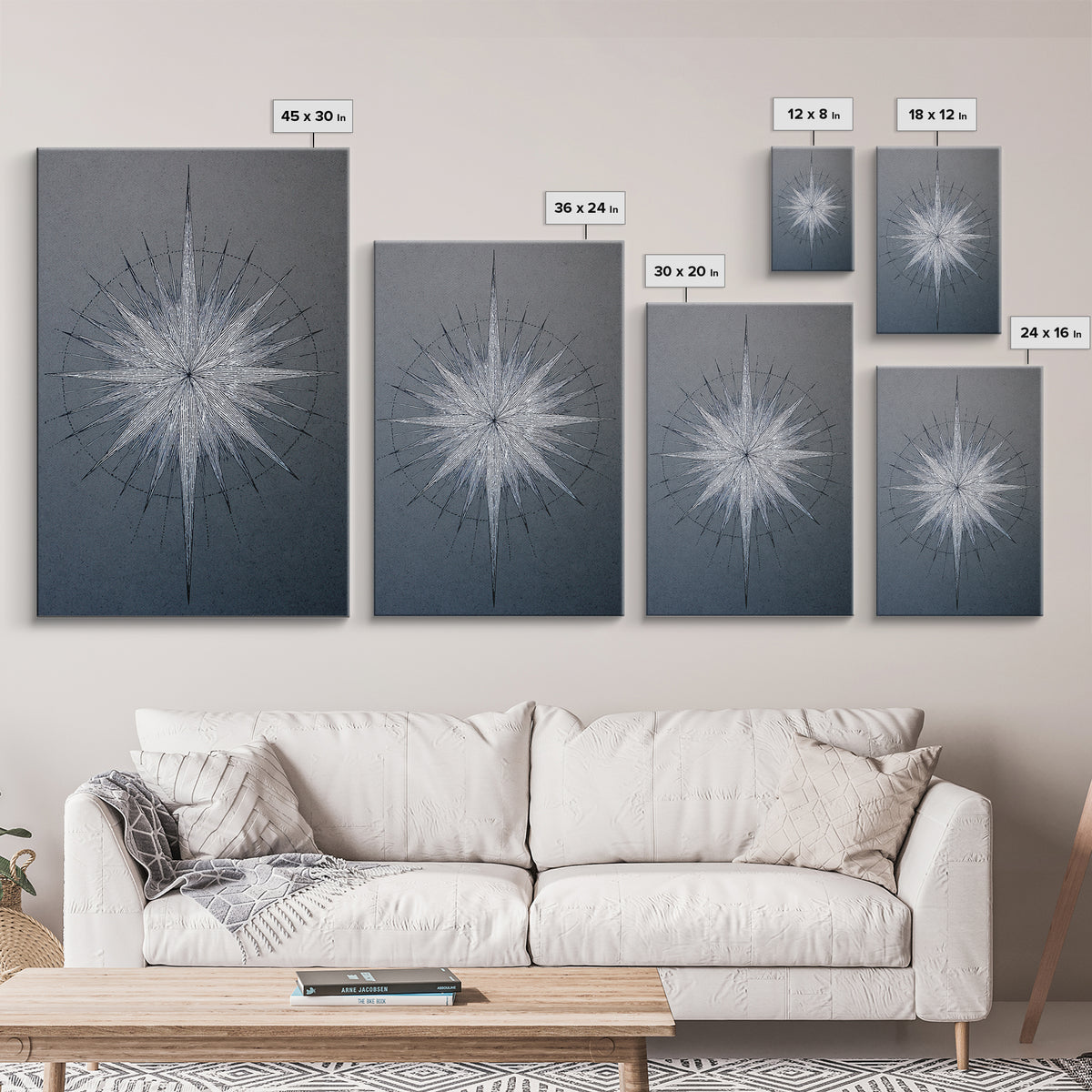 White Silver Radial Starburst Canvas Print, Midcentury Modern Art, Geometric Wall Art, Abstract Print, Blue Office Decor