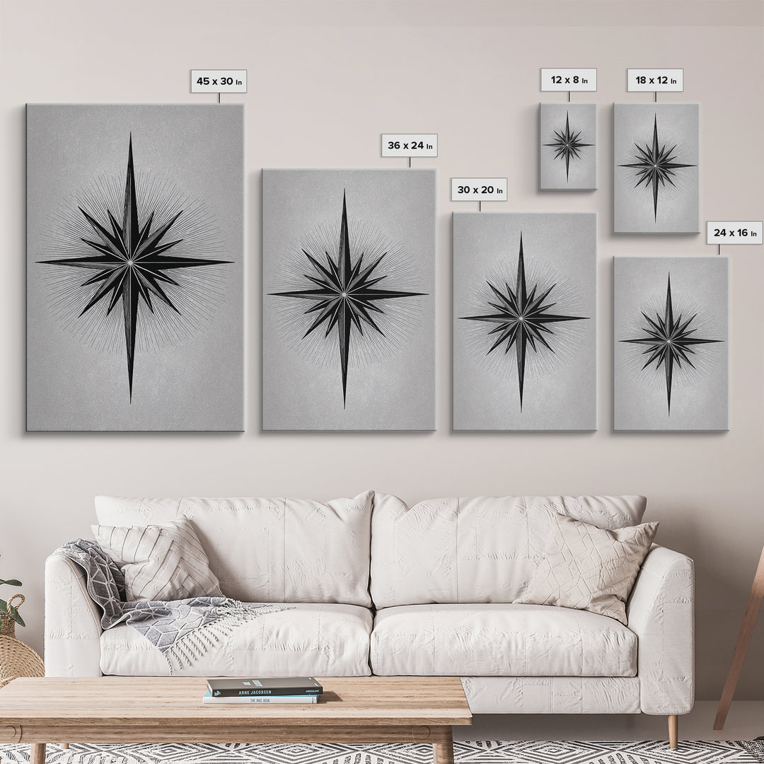 Black Compass Starburst Framed Canvas Print, Midcentury Modern Art, Geometric Wall Decor, Minimalist Art Print, Retro Decor