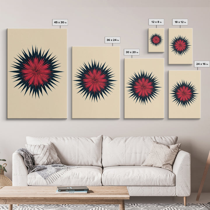 Red Navy Spiky Sunburst Canvas Print, Midcentury Modern Art, Geometric Wall Art, Atomic Art Print, Colorful Retro Decor, Poster