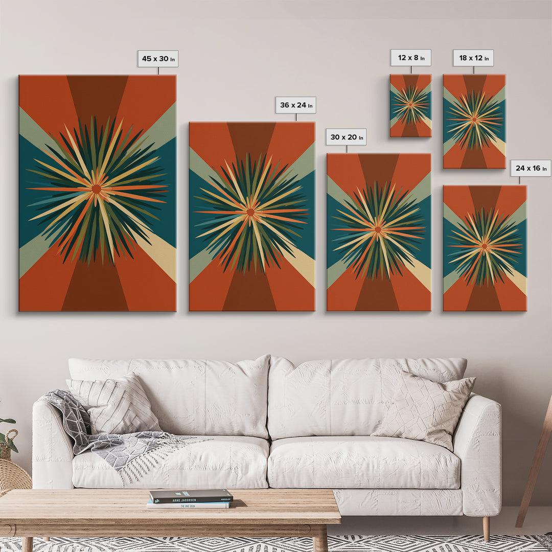 Teal Orange Retro Sunburst Wall Art, Midcentury Modern Art, Geometric Wall Decor, Atomic Art Print, Burnt Orange Home Decor
