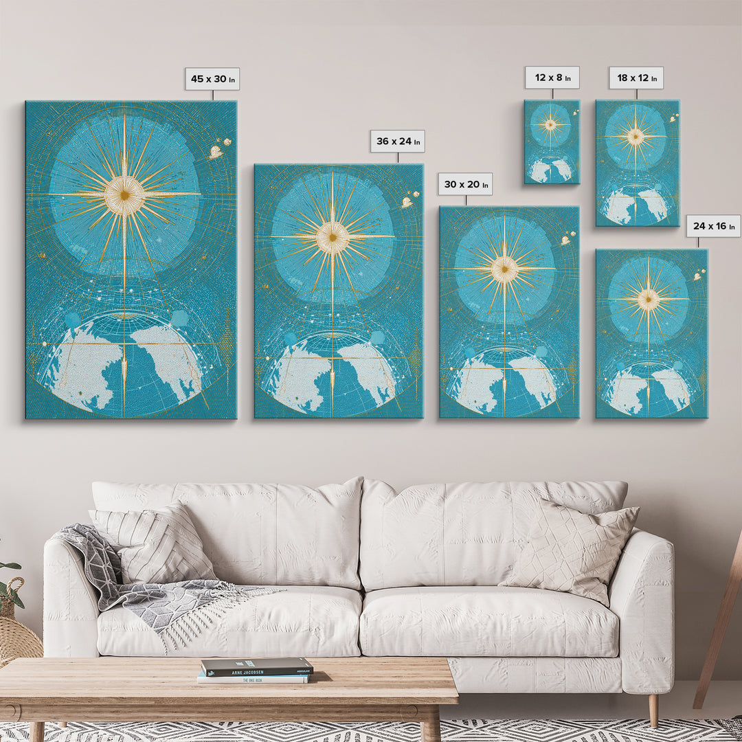 Turquoise Celestial Earth Sunburst Wall Art, Midcentury Modern Space Poster, Atomic Retro Map Print, Blue Office Decor Gift