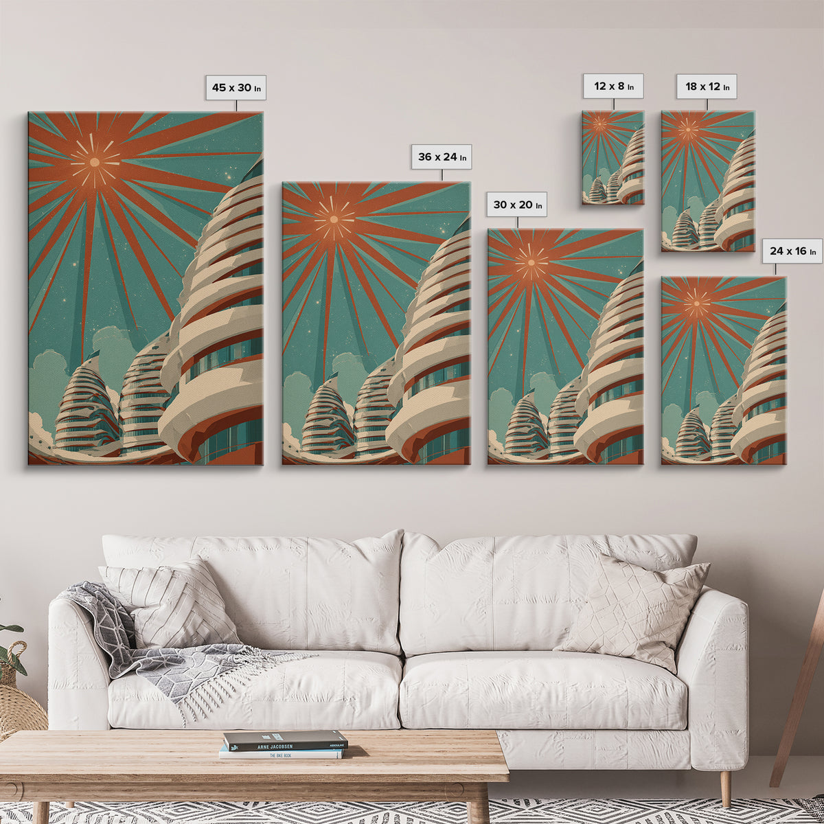 Retro Futurist Towers Wall Art, Midcentury Modern Art, Architectural Art, Palm Springs Art, Travel Poster, Teal Orange Decor