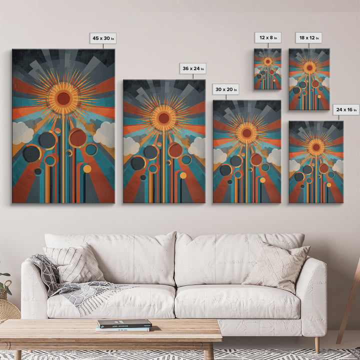 Geometric Solar Eclipse With Retro Planets Wall Art, Midcentury Modern Abstract Poster, Atomic Space Decor, Colorful MCM Print