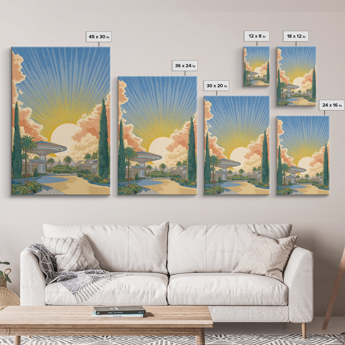 Futuristic Desert Resort Sunrise Wall Art, Midcentury Modern Architecture Poster, Palm Springs Decor, Retro Travel Print