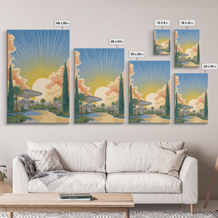 Futuristic Desert Resort Sunrise Wall Art, Midcentury Modern Architecture Poster, Palm Springs Decor, Retro Travel Print