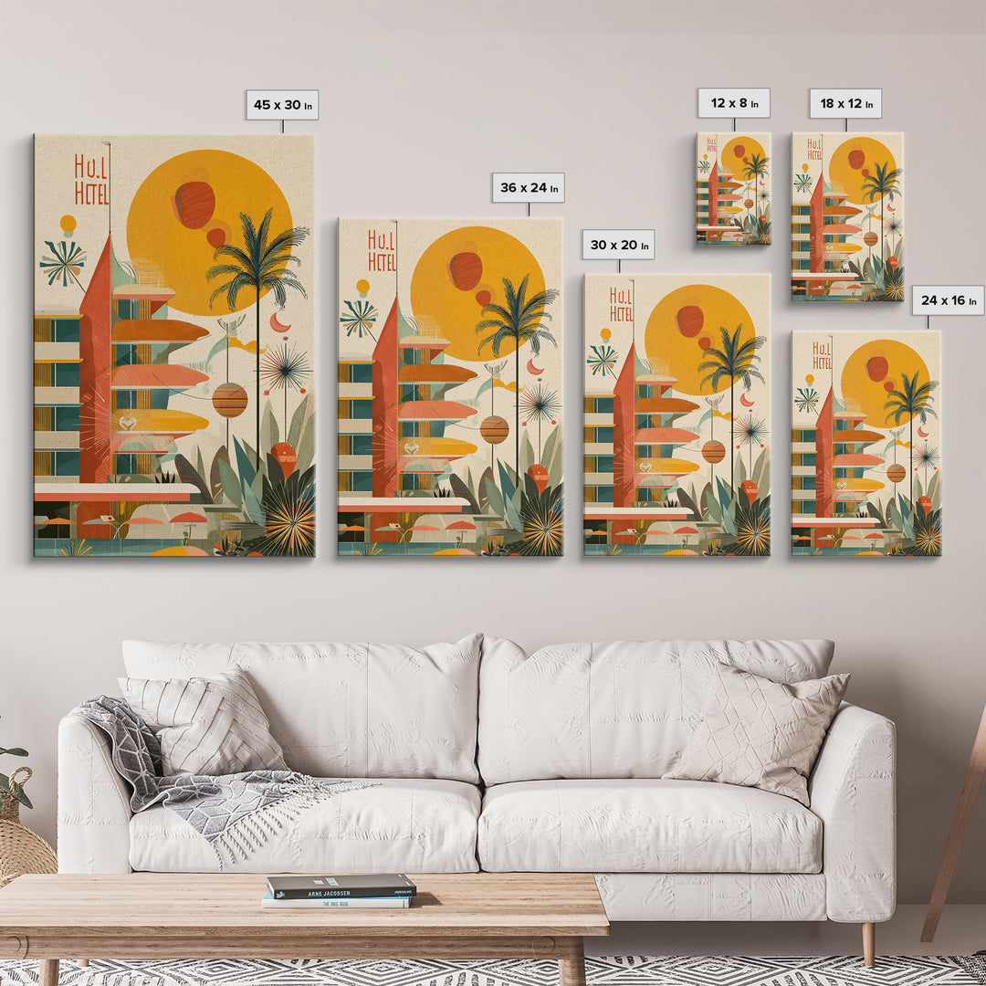 Atomic Hotel With Palms And Sun Canvas Print, Midcentury Modern Wall Art, Retro Palm Springs Poster, Tropical MCM Home Decor