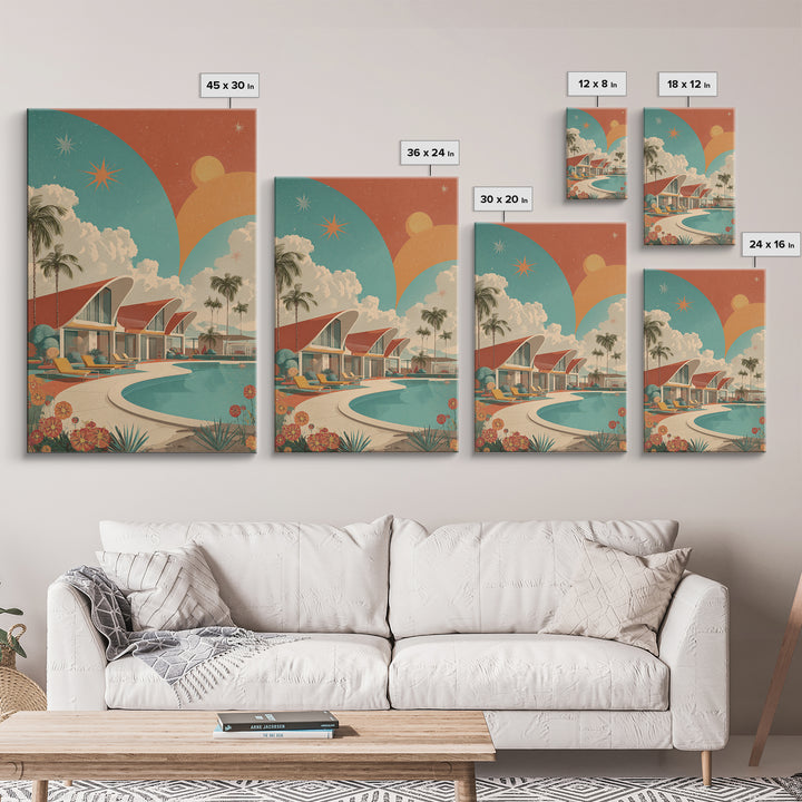 Retro Palm Springs Pool Homes Framed Canvas Print, Midcentury Modern Wall Art, Atomic Ranch Decor, Tropical Sunset Poster