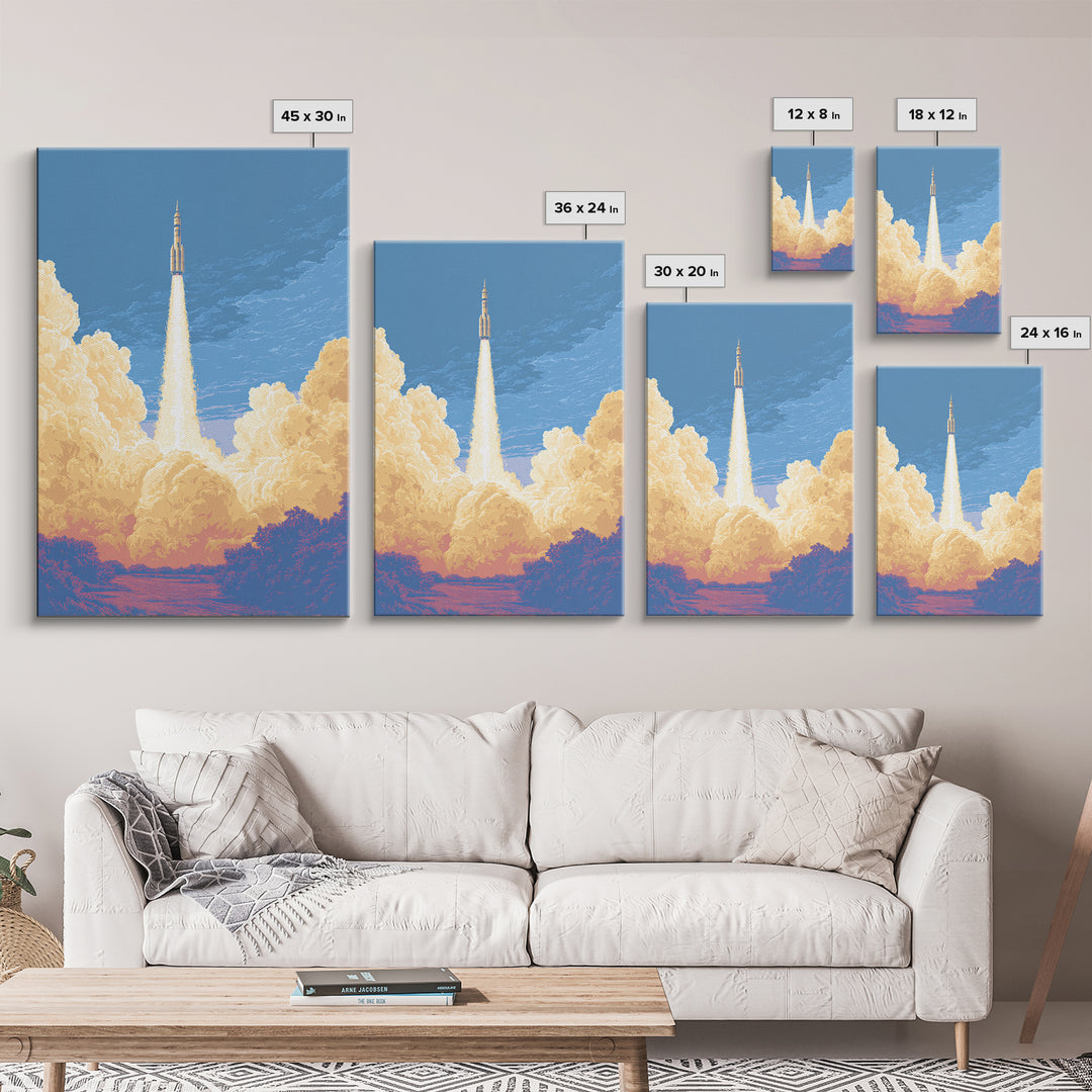 Rocket Launch Through Golden Clouds Wall Art, Retro Space Poster, Sci Fi Wall Decor, Modern Art Print For Office And Man Cave
