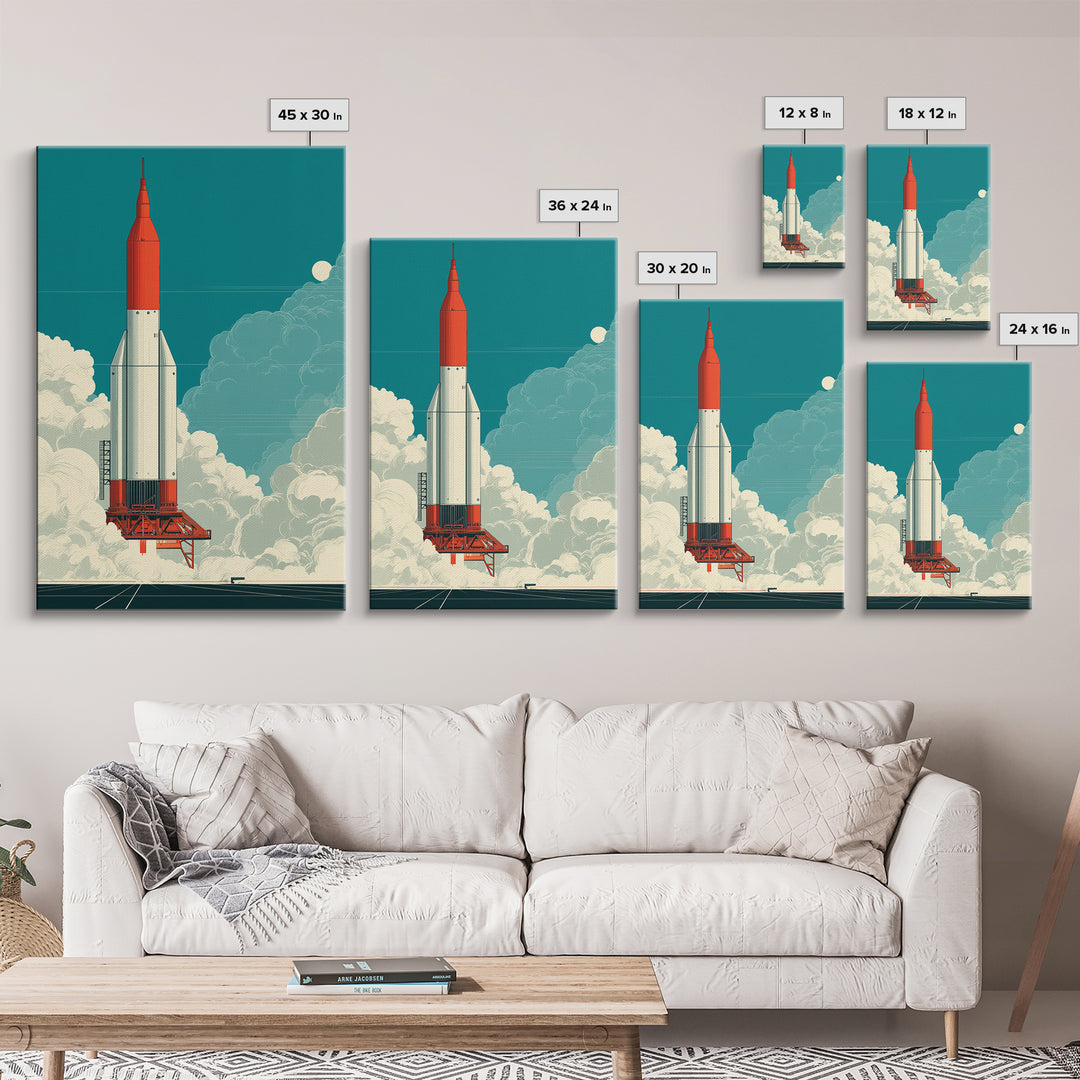 Red Rocket Lift Off In Teal Sky Canvas Print, Retro Space Wall Art, Midcentury Modern Sci Fi Poster, Boys Room Decor Gift
