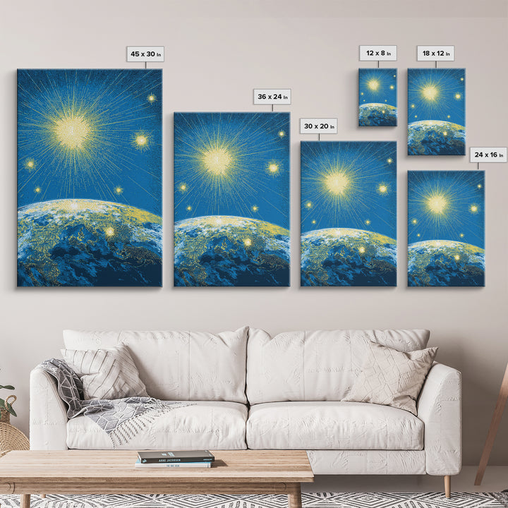Radiant Earth Horizon Starfield Canvas Print, Midcentury Modern Space Art, Retro Sci Fi Poster, Blue Living Room Decor Gift
