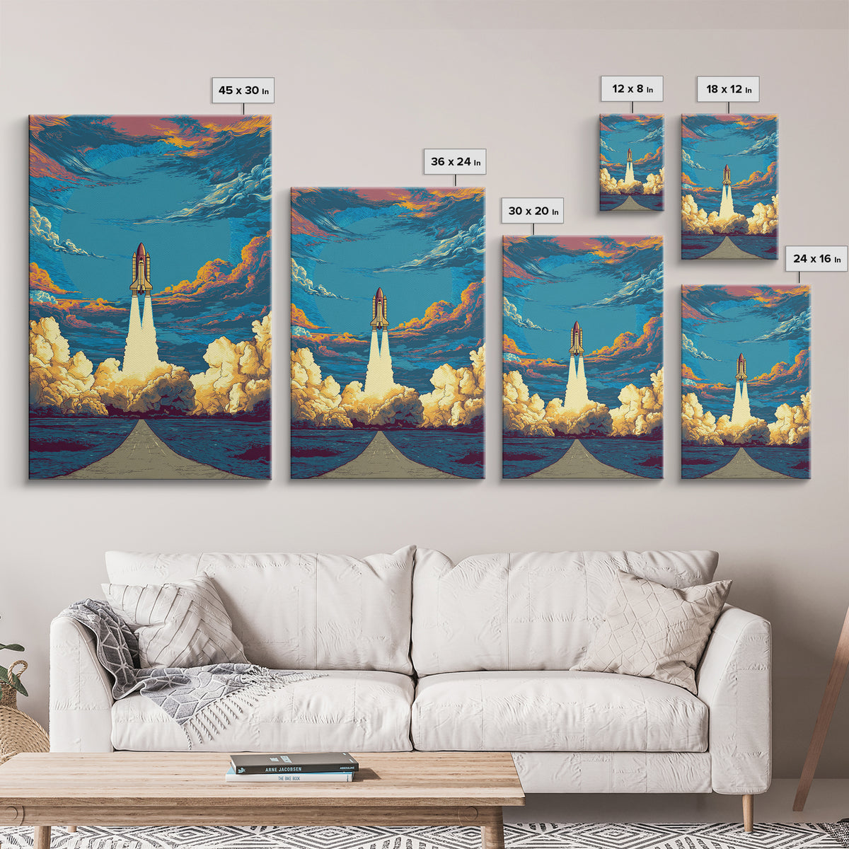 Space Shuttle Rising Over Ocean Road Framed Canvas Print, Retro Sci Fi Wall Art, Modern Space Poster, Dramatic Cloud Decor