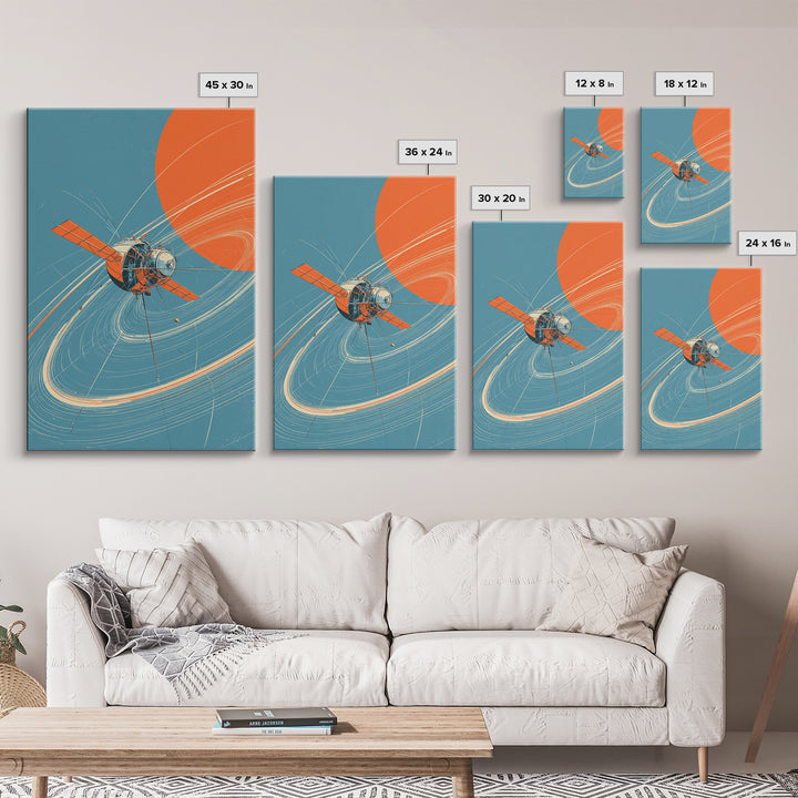 Retro Satellite With Orange Sun, Cosmic Orbit Wall Art, Mid Century Modern Space Poster, Sci Fi Decor, MCM Home Print Gift