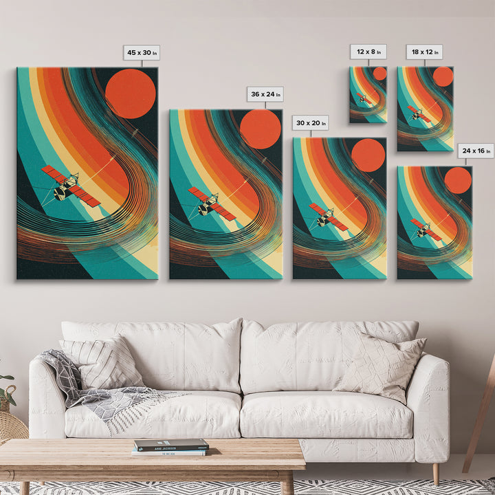Satellite By Rainbow Planetary Rings, Red Sun Canvas Print, Retro Sci Fi Space Poster, Mid Century Modern Wall Decor Gift